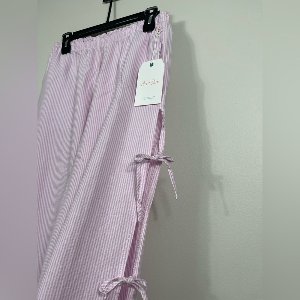 Pink Y2k Gingham Striped Elastic Waist Lace-Up Wide Leg Lounge Pants Plaid NWT - Picture 6 of 11